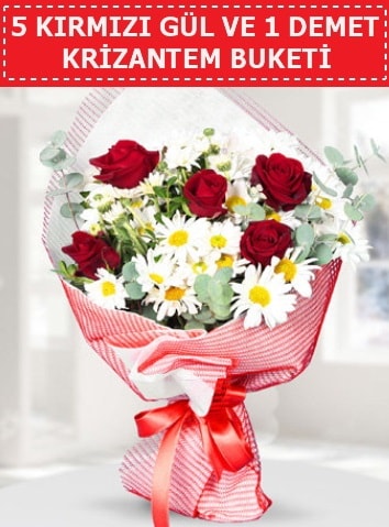 5 adet kırmızı gül ve krizantem buketi  Bursa Abc çiçek çiçek satışı 